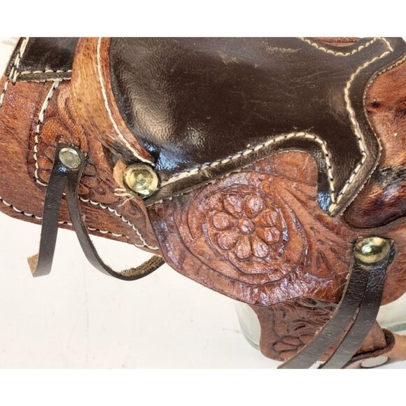 Miniature Tooled Leather Western Saddle Rustic Handmade Décor Or Model Collector - Picture 6 of 12